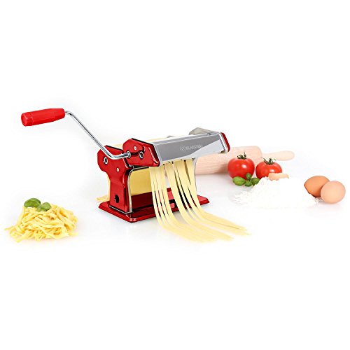 Klarstein Siena Rossa máquina para Pasta (Acero Inoxidable, Rodillo amasador, fácil de Limpiar, Cuchilla Ajustable, manivela, Masa de 150 mm, Pinza de sujeción Mesa) - Rojo