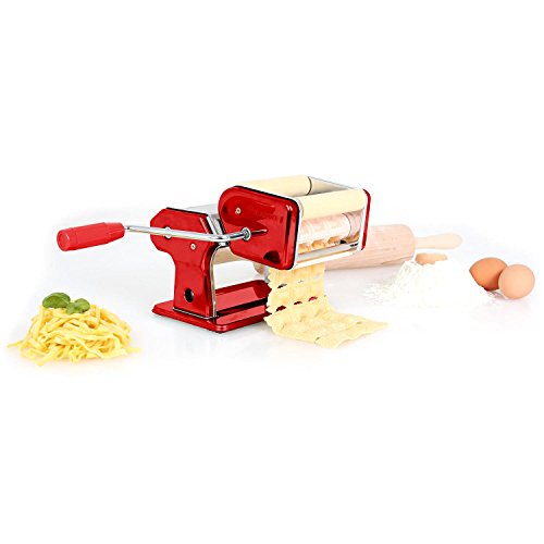 Klarstein Siena Rossa máquina para Pasta (Acero Inoxidable, Rodillo amasador, fácil de Limpiar, Cuchilla Ajustable, manivela, Masa de 150 mm, Pinza de sujeción Mesa) - Rojo