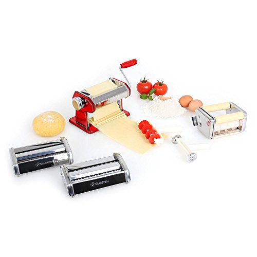 Klarstein Siena Rossa máquina para Pasta (Acero Inoxidable, Rodillo amasador, fácil de Limpiar, Cuchilla Ajustable, manivela, Masa de 150 mm, Pinza de sujeción Mesa) - Rojo