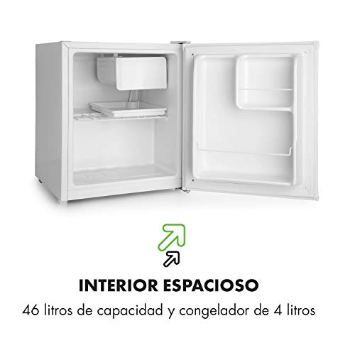 Klarstein Snoopy Eco - Mininevera con congelador, 46 litros de capacidad, Congelador de 4 litros de capacidad, 41 dB, Silencioso, Bajo consumo, Blanco