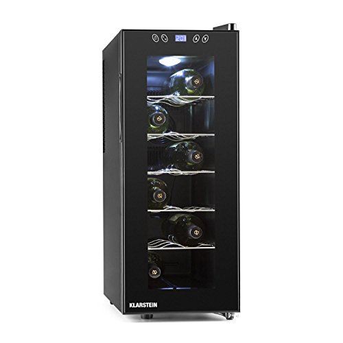 Klarstein Vinamora - Nevera para vinos, Nevera para Bebidas, Refrigerador gastronomía, 35 L, 12 Botellas, 5 Baldas de Acero Inoxidable, Iluminación LED, Módulo Independiente, Negro