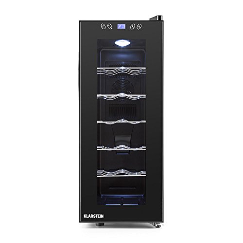 Klarstein Vinamora - Nevera para vinos, Nevera para Bebidas, Refrigerador gastronomía, 35 L, 12 Botellas, 5 Baldas de Acero Inoxidable, Iluminación LED, Módulo Independiente, Negro