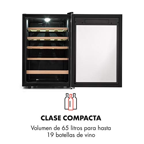 Klarstein Vinamour 19 Nevera para vinos con puerta acristalada - 19 botellas de vino, 65 L, 4-18°C, solo 39 dB, Iluminación interior, Control táctil, Marco de acero, Negro