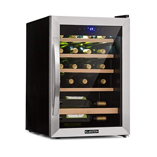 Klarstein Vinamour 19 Nevera para vinos con puerta acristalada - 19 botellas de vino, 65 L, 4-18°C, solo 39 dB, Iluminación interior, Control táctil, Marco de acero, Negro