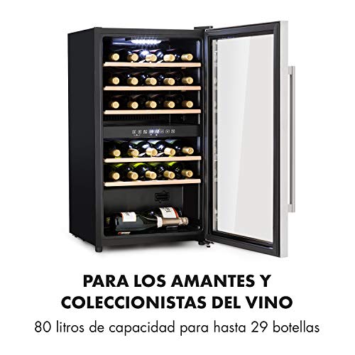 KLARSTEIN Vinamour 29D - Nevera para vinos, 2 Zonas de refrigeración separadas, Temperatura 5-22 °C, 80 litros de Capacidad, Pantalla LCD, 5 estantes de Madera extraíbles, Negro Plateado