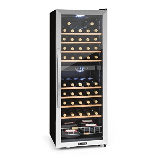 KLARSTEIN Vinamour - Nevera para vinos, Nevera para Bebidas, Refrigerador gastronomía, 2 Zonas, Iluminación LED, Módulo Independiente, Silencioso, Acero INOX, 54 Botellas, 8 Baldas, 148 L, Plateado