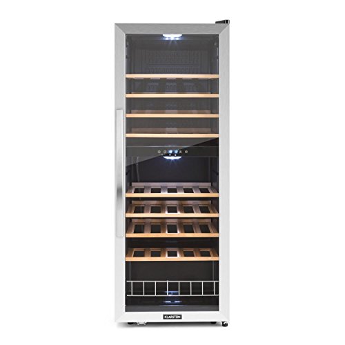 KLARSTEIN Vinamour - Nevera para vinos, Nevera para Bebidas, Refrigerador gastronomía, 2 Zonas, Iluminación LED, Módulo Independiente, Silencioso, Acero INOX, 54 Botellas, 8 Baldas, 148 L, Plateado