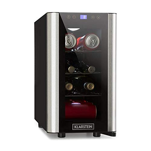 Klarstein Vinovista Picollo - Refrigerador para bebidas, Nevera para vinos, 24L, 8 botellas, 3 rejillas de metal, Iluminación LED, Silencioso, Temperatura de 8 °-18 °C, Negro-Plateado