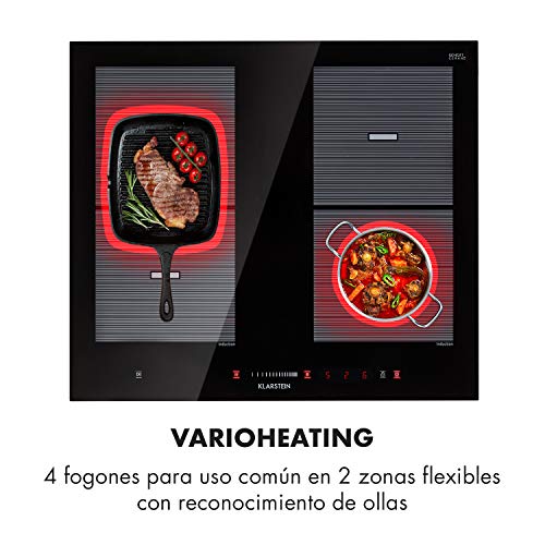 Klarstein Virtuosa Flex 60 Placa de inducción - 4 zonas de cocción, 7200W, Vitrocerámica, Encastrable, ThermoBoost, Flexzone, Temporizador, Control parental, Negro