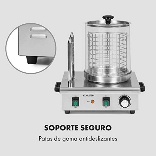 Klarstein Wurstfabrik Pro 550 máquina de perritos calientes - 550 W, 2 pinchos, regulador de temperatura entre 30 y 100 °C, cilindro de vidrio de Ø 20 cm, jaula de acero de Ø 17 cm, acero, plateado