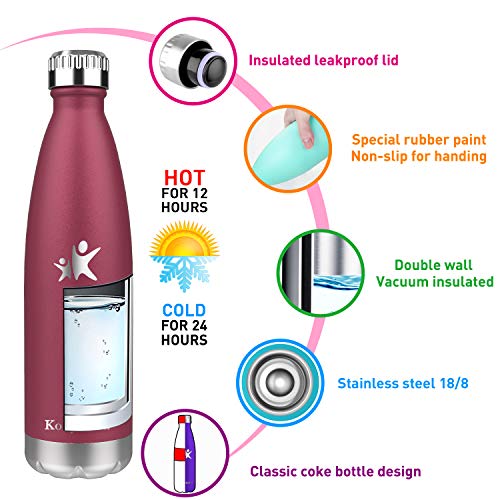 KollyKolla Botella de Agua Acero Inoxidable, Termo Sin BPA Ecológica, Botellas Termica Reutilizable Frascos Térmicos para Niños & Adultos, Deporte, Oficina, Yoga, Ciclismo, (500ml Rosa Oscuro)