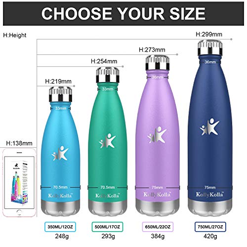 KollyKolla Botella de Agua Acero Inoxidable, Termo Sin BPA Ecológica, Botellas Termica Reutilizable Frascos Térmicos para Niños & Adultos, Deporte, Oficina, Yoga, Ciclismo, (500ml Azul Cielo)