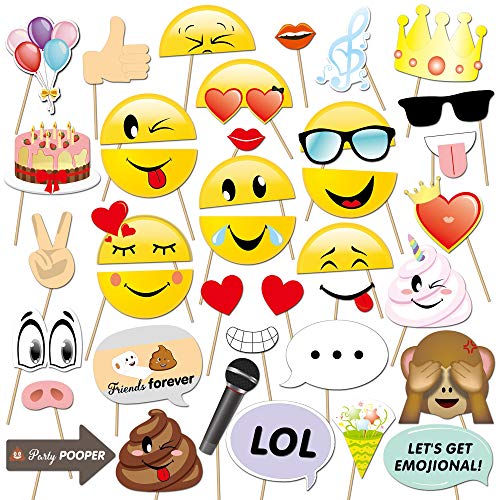 Konsait Emoji Photo Booth Props (38pcs), cumpleaños Cabina de Fotos Accesorios photocall DIY Photo Booth Atrezzo Favorecer para Infantil y Adultos Fiesta de cumpleaños Boda Navidad Año Nuevo