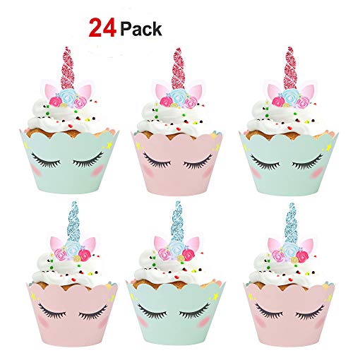 Konsait Unicornio Cake Toppers Magdalenas Decoración y Doble Cara Cupcake Wrappers para Unicornio Fiesta y Tarta de Cumpleaños Decoraciones (24Pack)