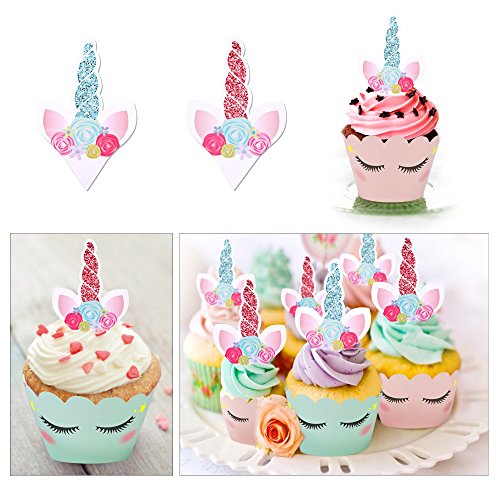 Konsait Unicornio Cake Toppers Magdalenas Decoración y Doble Cara Cupcake Wrappers para Unicornio Fiesta y Tarta de Cumpleaños Decoraciones (24Pack)