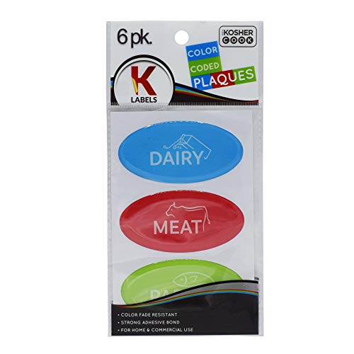 Kosher Cook - Juego de 6 placas y etiquetas, 2 azules, 2 de carne, 2 verdes, autoadhesivas, color resistente a la decoloración, pegatinas de cocina con código de color