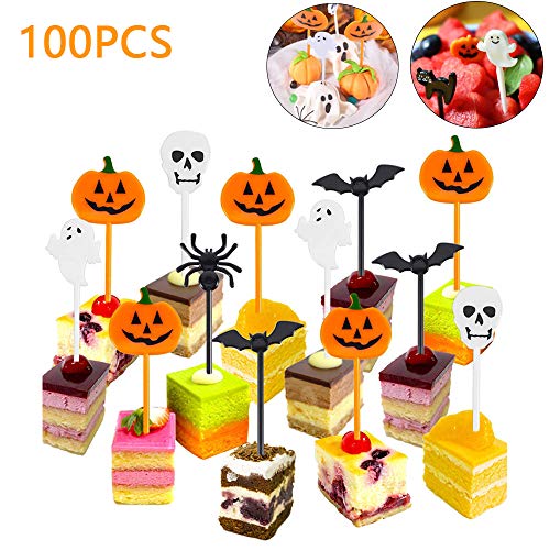 kungfu Mall 100 Piezas de decoración para Cupcakes de Halloween, decoración de Frutas, Palillos de decoración con Farol de Calabaza Fantasma, Esqueletos para niños, Fiesta temática de Halloween