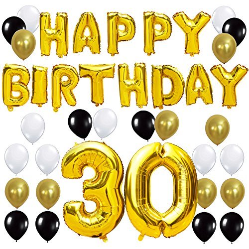 KUNGYO Letras Tipo Balón Doradas Happy Birthday+Número 30 Mylar Foil Globo+24 Piezas Negro Oro Blanco Globo de Látex 30 Años de Antigüedad Fiesta de Cumpleaños Decoraciones