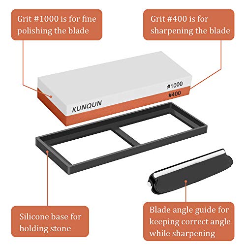 KUNQUN Piedra de Afilar 400/1000 Grano, 2-EN-1 Profesional Afilador de Cuchillos, Súper Piedra de Agua Afiladora Japonesa, con Gratis Base de Silicona Antideslizante y Guía de Ángulo