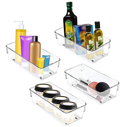 Kurtzy Pack 4 Bandeja Nevera Organizador de Frigorífico - Cestas Acrílico Transparente - Organizar Nevera Alacena y Cocina - Cajon Frigorifico Bandeja Organizar Baño – Congelador y Cajón (20cm)