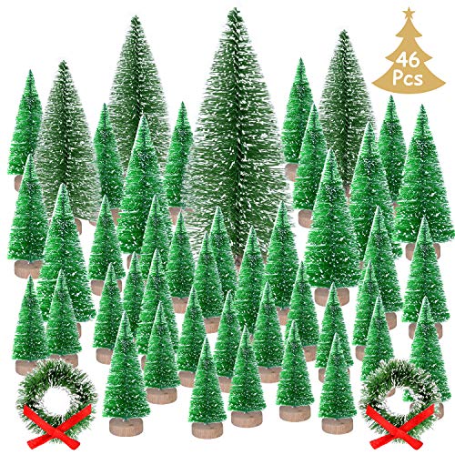 KUUQA 46Pcs Mini Navidad Village Trees Cepillo de Botella Árboles Sisal Árboles de Bosque nevado con Coronas navideñas para Decoraciones de Casas de Navidad, Modelos de Diorama