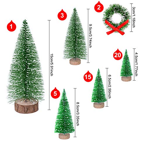 KUUQA 46Pcs Mini Navidad Village Trees Cepillo de Botella Árboles Sisal Árboles de Bosque nevado con Coronas navideñas para Decoraciones de Casas de Navidad, Modelos de Diorama