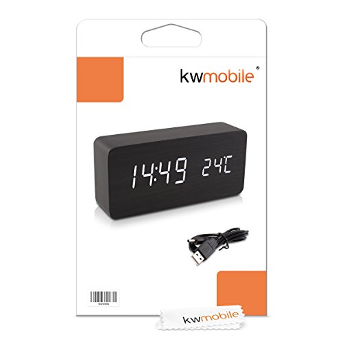 kwmobile Reloj Despertador Digital - Reloj de Madera Rectangular con luz LED - Activación táctil y por Sonido con indicador de Temperatura - Negro