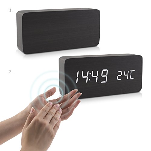 kwmobile Reloj Despertador Digital - Reloj de Madera Rectangular con luz LED - Activación táctil y por Sonido con indicador de Temperatura - Negro