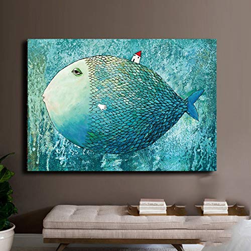 KWzEQ Imprimir en Lienzo Big Fish Small House Pictures Wall Art Decor homefor Living Room carteles50x75cmPintura sin Marco