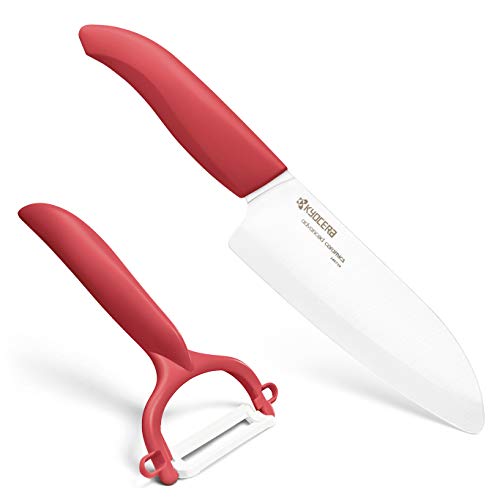 KYOCERA Rojo Corte y pelado, Juego, Cuchillo Santoku de 14 cm, pelador CP-10, Hoja de cerámica de circonio, Afilada a Mano, Ligera, no corrosiva, Apta para lavavajillas, roja