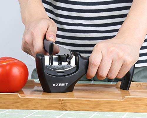 KZGRIT Afilador de Cuchillos, Ayuda a Reparar, Restaurar y Pulir Cuchillas, Afiladores Manuales Profesional de 3 Etapas con Mango Ergonómico & Base Antideslizante (Negro)