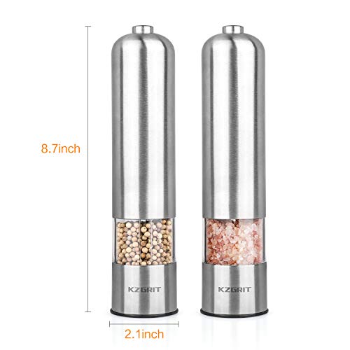 KZGRIT Molinillo de Sal y Pimienta Eléctrico, Batería Funcionado, Cuchilla de Molienda de Cerámica, Molino Acero Inoxidable Automático con Luz LED y Tosquedad Ajustable(Juego de 2, Plata)