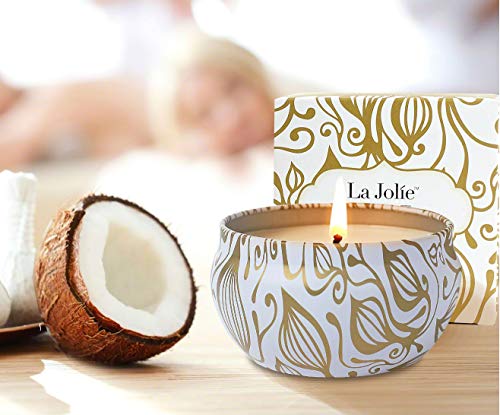 La Jolíe Muse Velas perfumadas de Coco y Vainilla 100% Soja Aromaterapia Lata de Viaje de 35-45 Horas