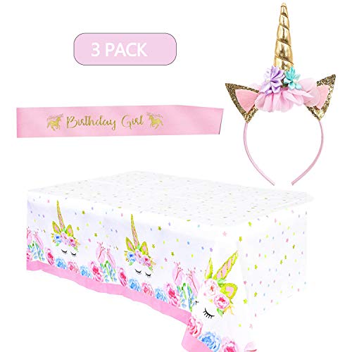 LABOTA Unicornio Decoraciones Cumpleaños Suministros - 1* Unicornio Diadema 1* Satin Sash de Cumpleaños, 1* Mantel Desechable Unicornio para Niños Decoracion Materiales de Fiesta de Unicornio