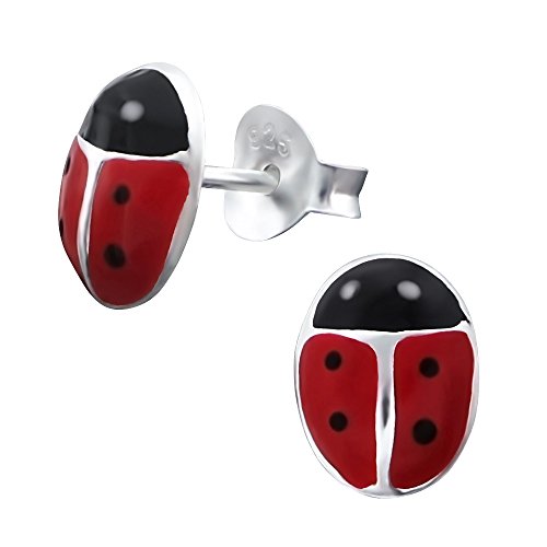 Laimons Kids Pendientes para niña Mariquita Rojo, Negro Plata de ley 925