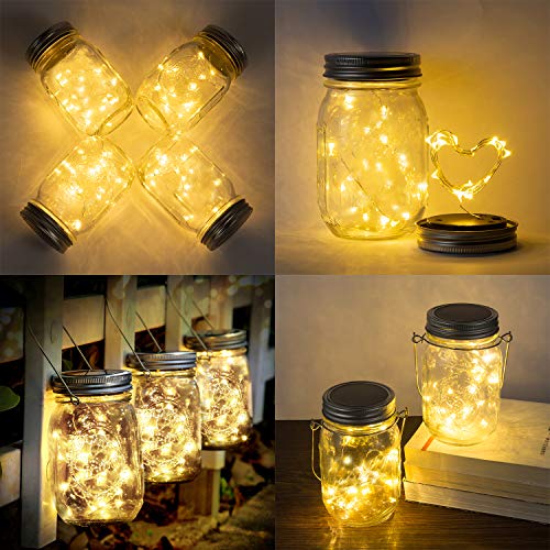 Lámpara de Decoración Solar - 4 Piezes Lámpara Solar Mason Jar Set Lámpara Ahorro de Energía e Impermeable para Jardín Interiores/Exteriores Festival y Decoración de Fiesta Bodas