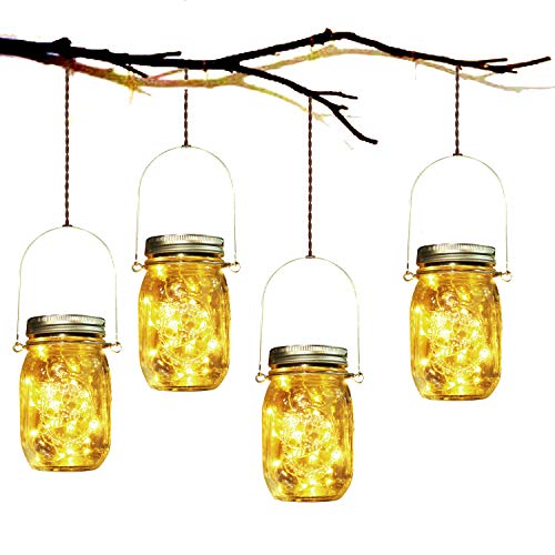 Lámpara de Decoración Solar - 4 Piezes Lámpara Solar Mason Jar Set Lámpara Ahorro de Energía e Impermeable para Jardín Interiores/Exteriores Festival y Decoración de Fiesta Bodas