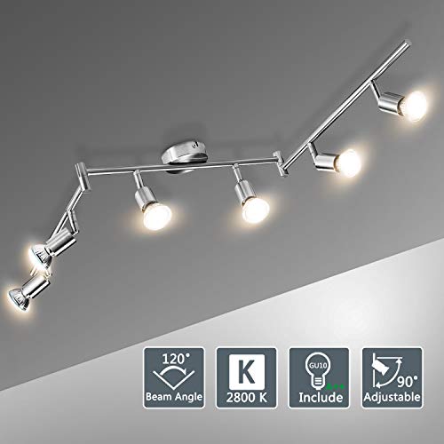 Lámparas de Techo LED 6 Focos Orientables, Bojim Luz de techo con Barra Giratoria incl. 6X Bombillas GU10 6W 2800K Blanco Cálido 220V 600lm 82Ra Níquel Mate para dormitorio habitacion salon cocina