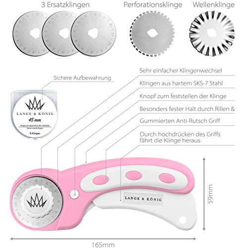 Lange & König Kit de Cuter Rotativo incluye Base de Corte A2, Cortador Rotativo, 5 Cuchillas de Repuesto, Regla de Patchwork + 20 Pinzas Costura como Accesorios de Costura