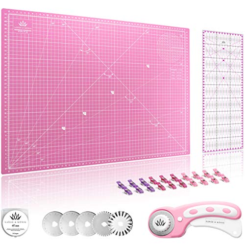 Lange & König Kit de Cuter Rotativo incluye Base de Corte A2, Cortador Rotativo, 5 Cuchillas de Repuesto, Regla de Patchwork + 20 Pinzas Costura como Accesorios de Costura