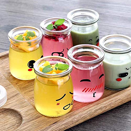 Langlee Set de 6 Vasos para Yogurtera, Vasos de Repuesto Tarros Cristal con Divertidas Emoticonos y Tapas, Tarro de Crema Postre Pudding Glass Jar (Capacidad: 200 ml)