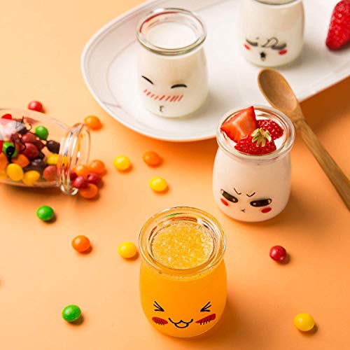 Langlee Set de 9 Vasos para Yogurtera, Vasos de Repuesto Tarros Cristal con Divertidas Emoticonos y Tapas, Tarro de Crema Postre Pudding Glass Jar (Capacidad: 100 ml)