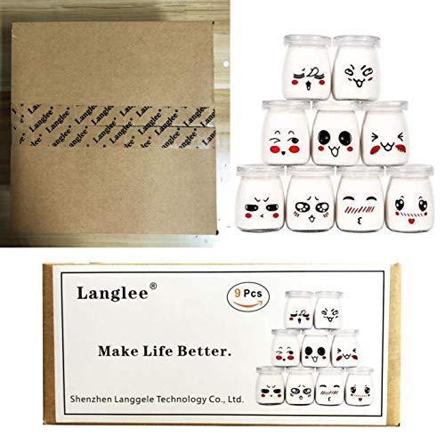 Langlee Set de 9 Vasos para Yogurtera, Vasos de Repuesto Tarros Cristal con Divertidas Emoticonos y Tapas, Tarro de Crema Postre Pudding Glass Jar (Capacidad: 100 ml)