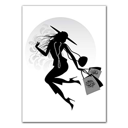 Lanruru Blanco y negro Chica de moda Lienzo Art Poster Bolsa de compras Impresiones Pintura Arte de la pared Imagen Shopping Girl Art Wall Painting-50X70 Cm 3Pcs Sin marco