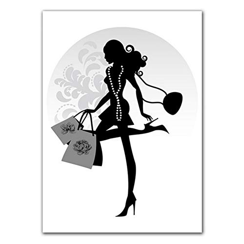 Lanruru Blanco y negro Chica de moda Lienzo Art Poster Bolsa de compras Impresiones Pintura Arte de la pared Imagen Shopping Girl Art Wall Painting-50X70 Cm 3Pcs Sin marco