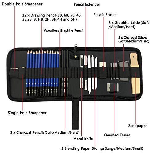 Lápices de Dibujo para Bocetos y Bosquejo, KidsPark 33 Pieza Set de Dibujo Artista Kit con Lápiz Carbón Grafito Goma Cuchillo con Bolsa para Estudiantes Principantes Profesionales Niños Adultos