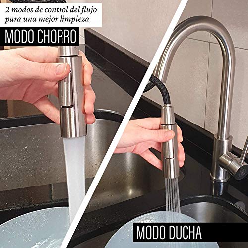 LarDeCor - Grifo de Cocina con Teleducha Extraíble con 2 Modos de Chorro. Agua Caliente y Fría (C: Plata)