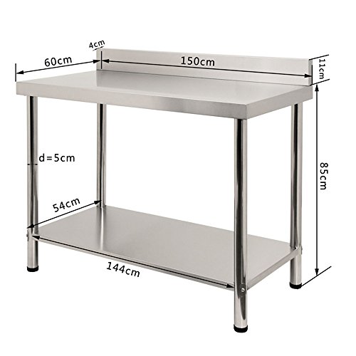 LARS360® Mesa de trabajo de acero inoxidable con/sin remates, para gastronomía, preparación de alimentos, cocina, bar, restaurante, metal, Mit Aufkantung, L x B x H: 150 * 60 * 85 cm