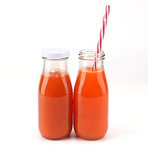 Lawei - Lote de 12 botellas de leche reutilizables de 325 ml, botellas de leche vintage con 12 pajitas, 12 tapas metálicas blancas y 12 tapas amarillas con agujero