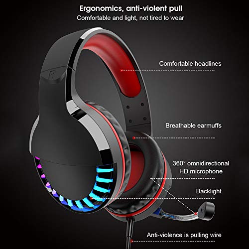 Lazmin112 Auriculares para Juegos con Cable USB, Auriculares para Juegos con luz de Color de Graves impactantes con Sonido estéreo y micrófono con reducción de Ruido, para Escritorio/PC(Negro Rojo)